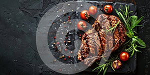 top view grilled steak with pepper herbs and tomatoes on stone black surface, flat lay with copy space, roast beef