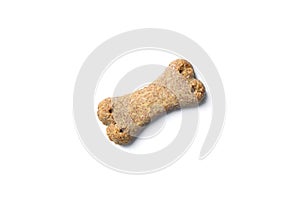 Top view of group of crunchy bone shaped dog biscuit set isolated on white background