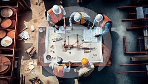Top view of group of engineering team is meeting and planning construction work,Architects looking blueprint at