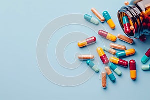 Top view of a group of medical drug capsules and pills on the blue background with part of brown. Ai generated