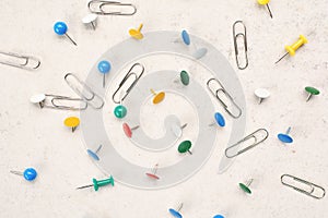 Top view group of paper pins and clips