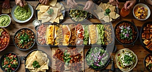 Top view of group of people having dinner together while sitting at the wooden table in the restaurant. Cinco De Mayo