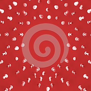 Top view group of pin,thumbtack with copy space on red desk table background