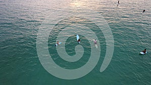 Top view of a group of surfers in the water.