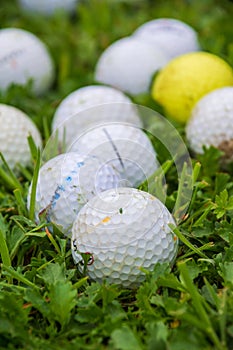 Top view of a group of white golf balls and one yellow, with bokeh, on green grass