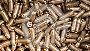 Top view of gun ammunition. Bullets for pistol