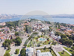 Top view of the Hagia Sophia in the old city of Istanbul against the backdrop of the sea