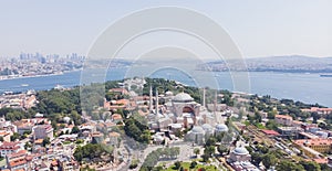 Top view of the Hagia Sophia in the old city of Istanbul against the backdrop of the sea