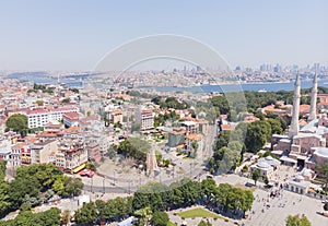 Top view of the Hagia Sophia in the old city of Istanbul against the backdrop of the sea