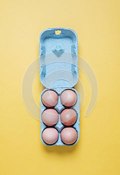 Top View of half dozen organic free range brown eggs in an fully open egg carton container