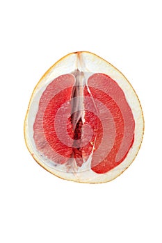 top view half of red fresh ripe grapefruit isolated on white. Looking like female vagina, vulva symbol