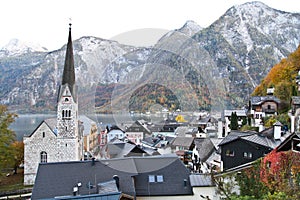 Top view of Hallstatt town in Autumn