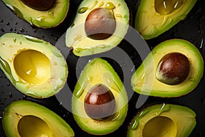 Top view of halves of avocadoes. Generative AI