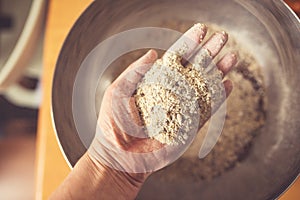 Top view of a hand full of rye flour