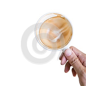 Top view. Hand hold depleted cup coffee  isolated white background