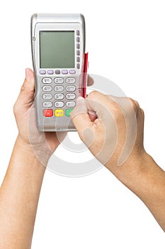 Top view of Hand using payment terminal isolated on white, paying with credit card, credit card reader, finance concept