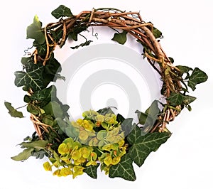 Top view of handmade rustic autumn wreath with ivy leafs on white background. Creative composition. Seasons greetings card
