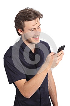 Top view of a handsome man texting on a smart phone
