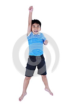 Top view of happy asian child look like flying superhero, isolated on white.