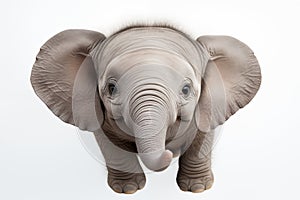 Top view of a happy cute baby elephant playing with its head up, isolated on a white background