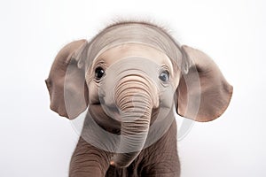 Top view of a happy cute baby elephant playing with its head up, isolated on a white background