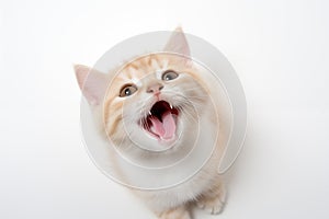 Top view of a happy cute kitten playing with its head up, isolated on a white background