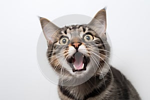 Top view of a happy cute kitten playing with its head up, isolated on a white background