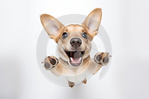 Top view of a happy cute puppy playing with his head up, isolated on a white background