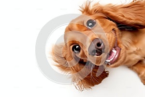 Top view of a happy cute puppy playing with his head up, isolated on a white background