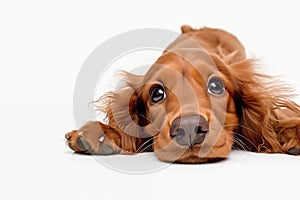 Top view of a happy cute puppy playing with his head up, isolated on a white background