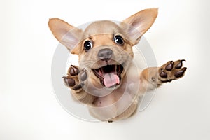 Top view of a happy cute puppy playing with his head up, isolated on a white background