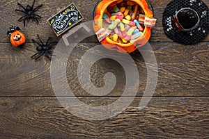 Top view of Happy Halloween decorations festival and candy trick or treat background