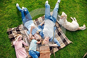 top view of happy young family with golden retriever dog resting on grass