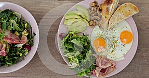 Top view of healthy balanced nutritious greens rich breakfast or lunch. Two