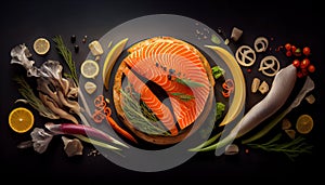 Top View Healthy Dish Of Appetizing Baked Salmon on Foody Theme Background AI Generative