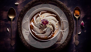 Top View Healthy Dish Of Rice Kheer Indian Dessert on Foody Theme Background AI Generative