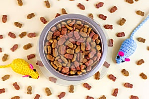 Top view of healthy dry cat food. Brown crunchy organic kitty kibble pieces in a bowl for pet feed and mouse toys