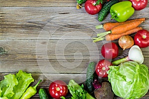 Top view of healthy food background with copy space. Healthy food concept with fresh vegetables