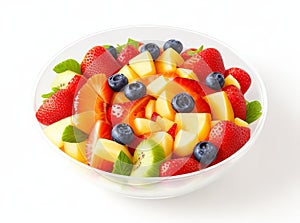 Top View of Healthy Fresh Fruit Salad in Isolated Bowl on White Background.