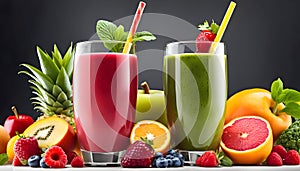 Top view of healthy fresh fruit and vegetable smoothies with various ingredients served in glass glasses with white background,