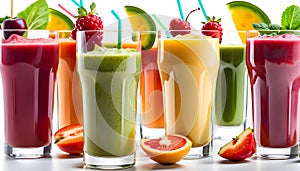 Top view of healthy fresh fruit and vegetable smoothies with various ingredients served in glass glasses with white background,