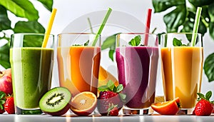 Top view of healthy fresh fruit and vegetable smoothies with various ingredients served in glass glasses with white background,