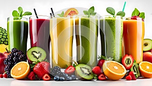 Top view of healthy fresh fruit and vegetable smoothies with various ingredients served in glass glasses with white background,