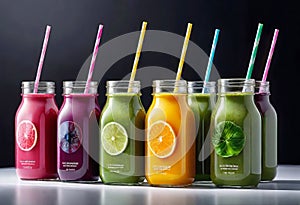 Top view of healthy fresh fruit and vegetable smoothies with various ingredients served in glass glasses with white background,