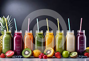 Top view of healthy fresh fruit and vegetable smoothies with various ingredients served in glass glasses with white background,