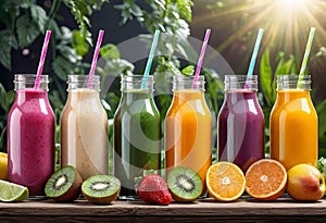 Top view of healthy fresh fruit and vegetable smoothies with various ingredients served in glass glasses with white background,