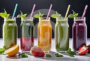 Top view of healthy fresh fruit and vegetable smoothies with various ingredients served in glass glasses with white background,