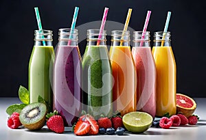 Top view of healthy fresh fruit and vegetable smoothies with various ingredients served in glass glasses with white background,