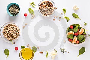 top view healthy ingredients bowls white background with blank space text. High quality photo