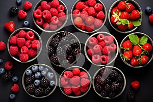 Top view Healthy mix berries fruits clean eating selection on black background. Generative AI